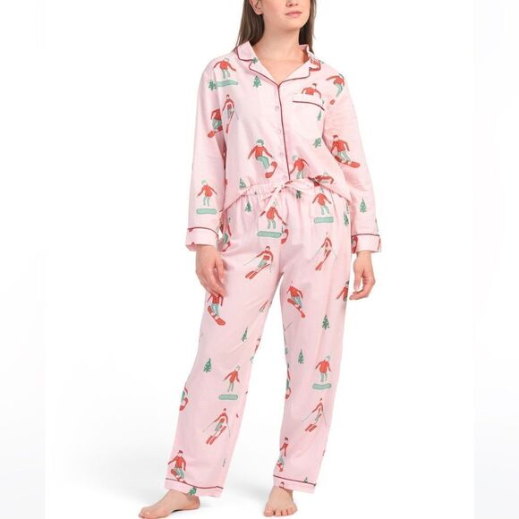 SAATVIK Light Pink Coral Green Ski Scene Long Sleeve Notched Long Pant PJ set - Picture 1 of 11